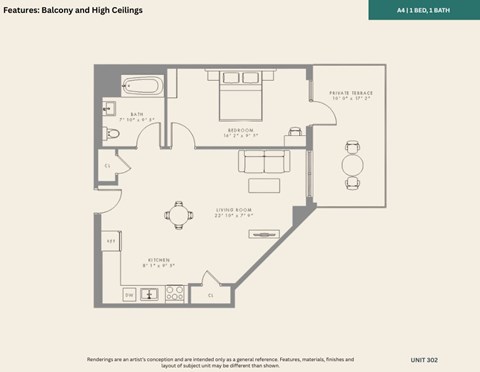 Floor plan for 1 bed, 1 bath, 643 sqft